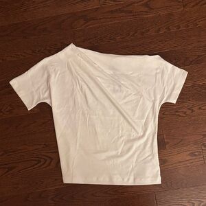 Aritzia Babaton Off-Shoulder White Tee (White Script Top)